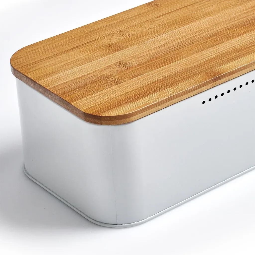 Bread bin with bamboo lid, metal, matt white