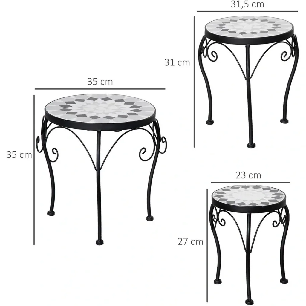 Metal plant tables with ceramic top retro look heights 27, 31, 35 cm