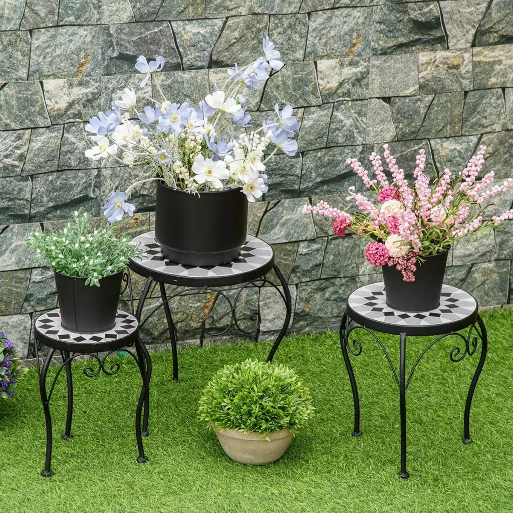 Metal plant tables with ceramic top retro look heights 27, 31, 35 cm