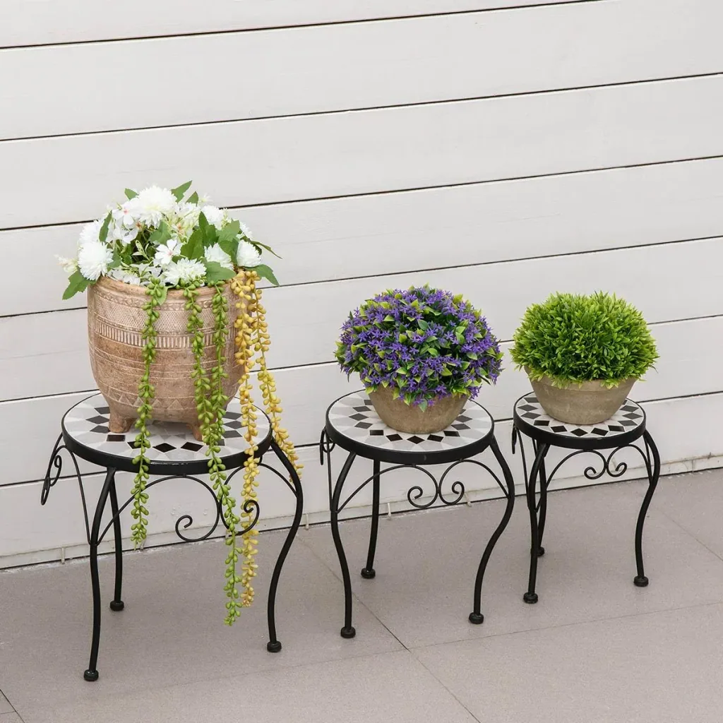 Metal plant tables with ceramic top retro look heights 27, 31, 35 cm