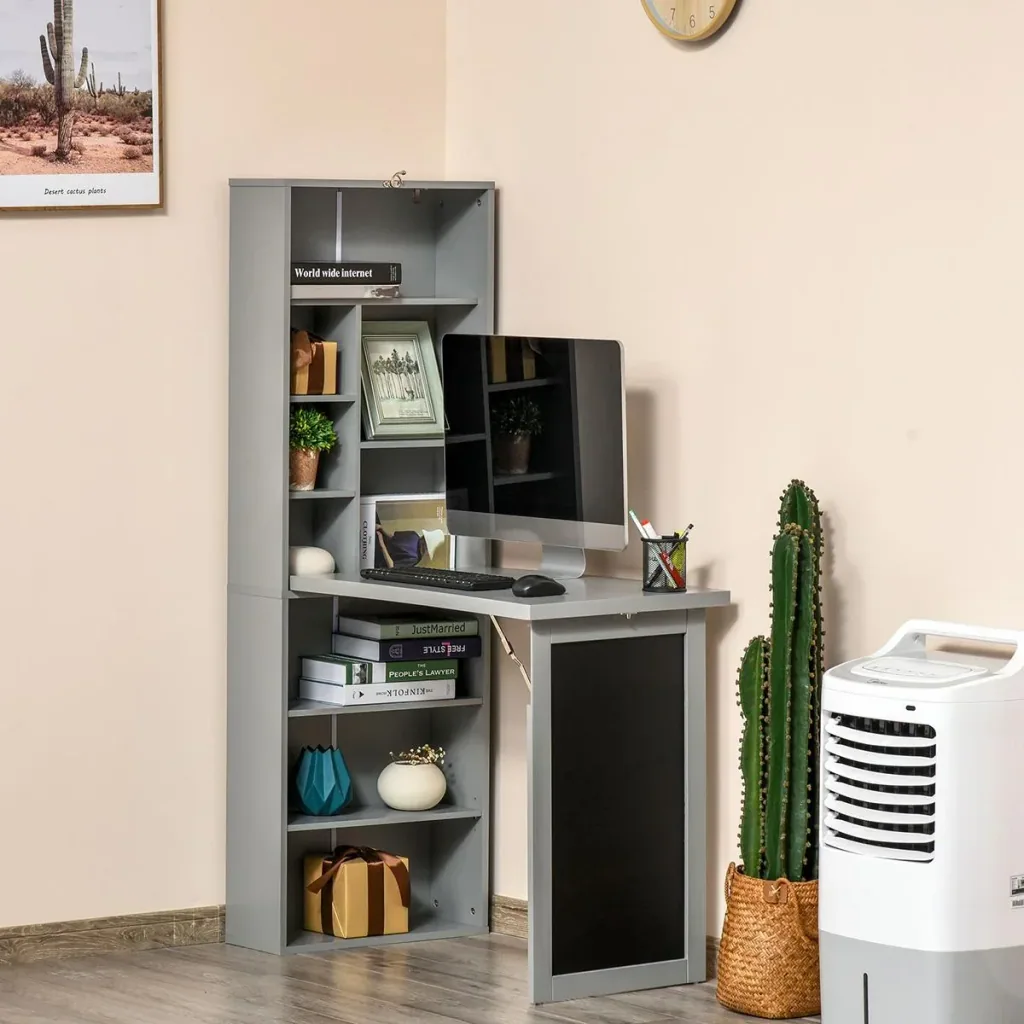 Foldable desk with 6 compartments, bookcase with 3 shelves, computer desk, office desk, E1 chipboard, metal frame, dark gray