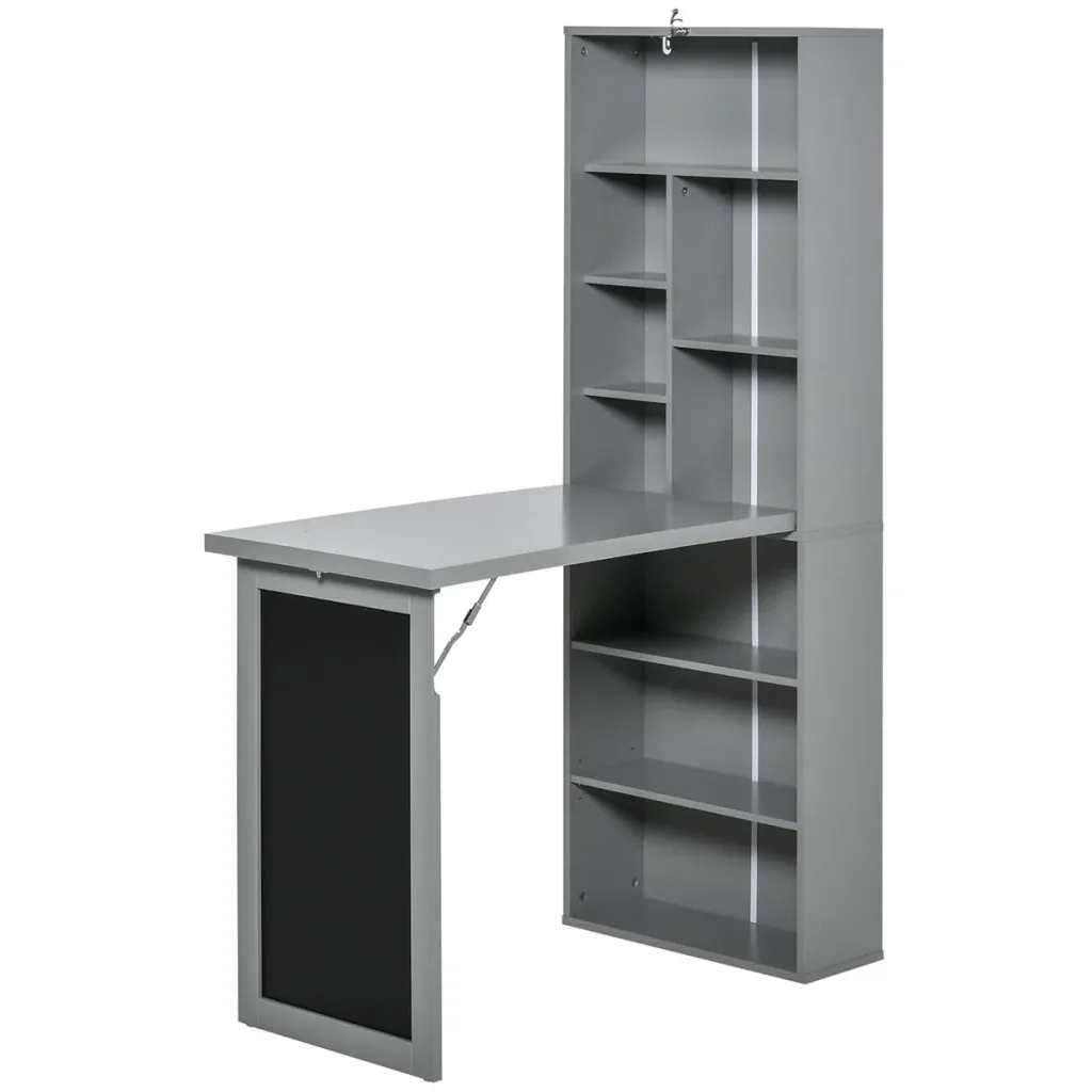 Foldable desk with 6 compartments, bookcase with 3 shelves, computer desk, office desk, E1 chipboard, metal frame, dark gray