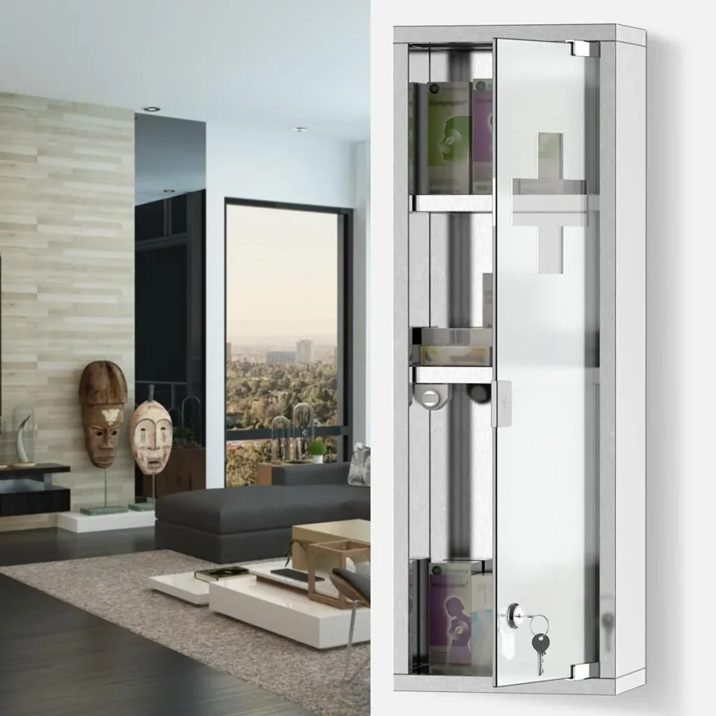 Medicine cabinet first aid cabinet with lock 3 compartments frosted glass 430 stainless steel + tempered glass door silver 20