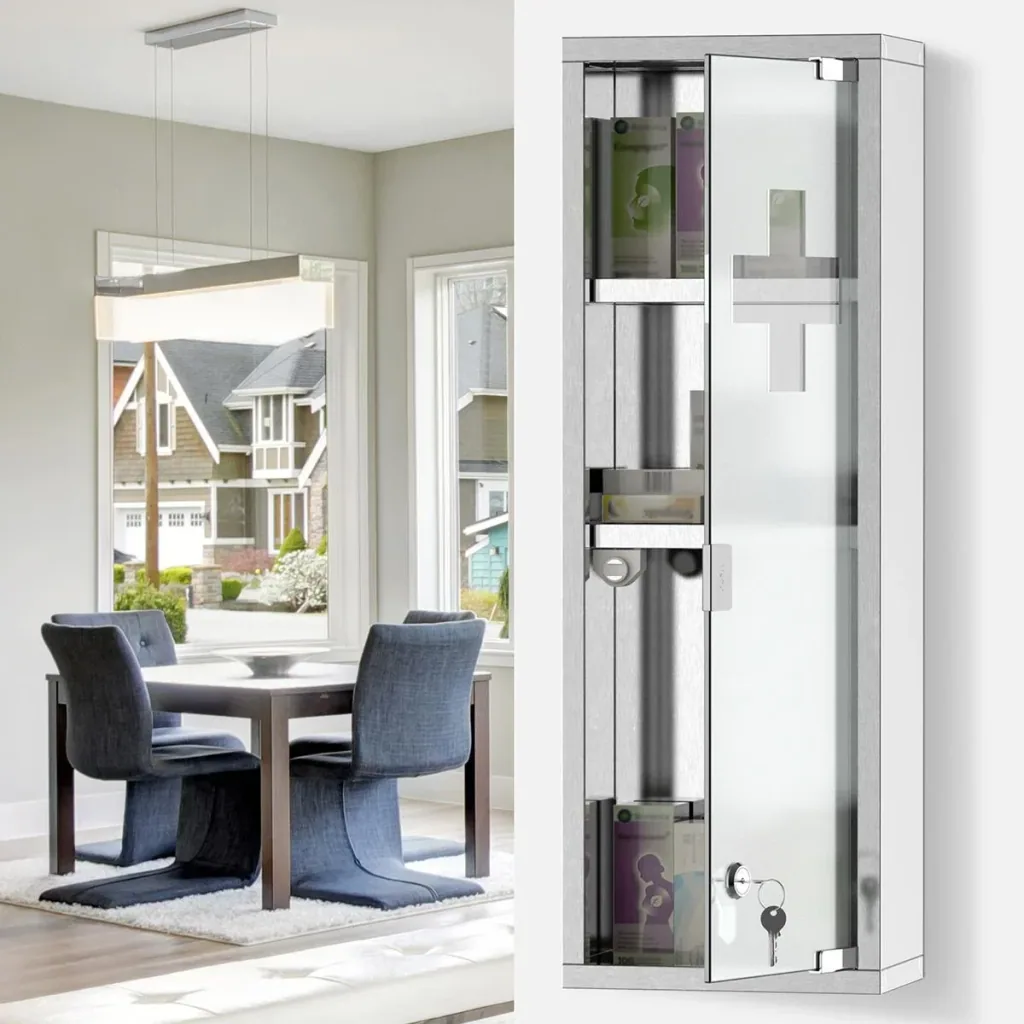 Medicine cabinet first aid cabinet with lock 3 compartments frosted glass 430 stainless steel + tempered glass door silver 20