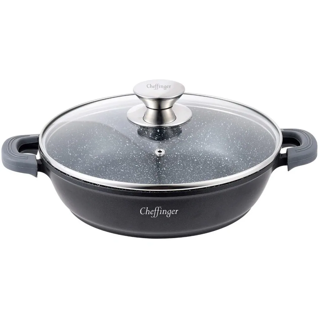 Cheffinger Casserole Dish / Low Pan / Serving Pot - Marble Coating - with Removable Silicone Handles - SS - 28cm