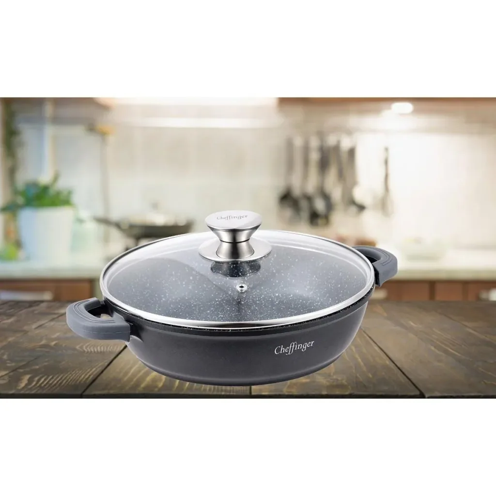 Cheffinger Casserole Dish / Low Pan / Serving Pot - Marble Coating - with Removable Silicone Handles - SS - 28cm