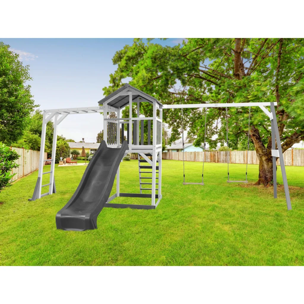 Beach Tower play tower with climbing frame and double swing - grey slide