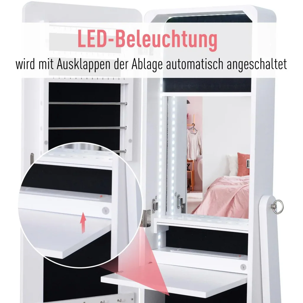 Mirror cabinet LED jewelry cabinet with interior mirror, foldable shelf, standing mirror, white