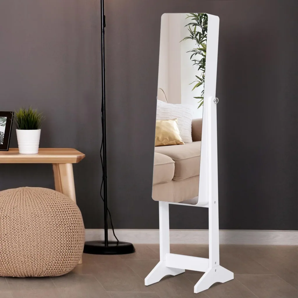 Mirror cabinet LED jewelry cabinet with interior mirror, foldable shelf, standing mirror, white