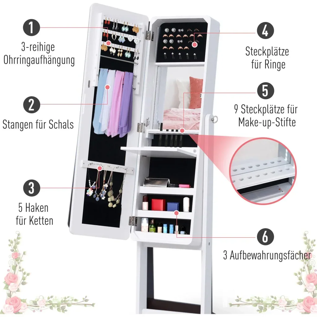 Mirror cabinet LED jewelry cabinet with interior mirror, foldable shelf, standing mirror, white