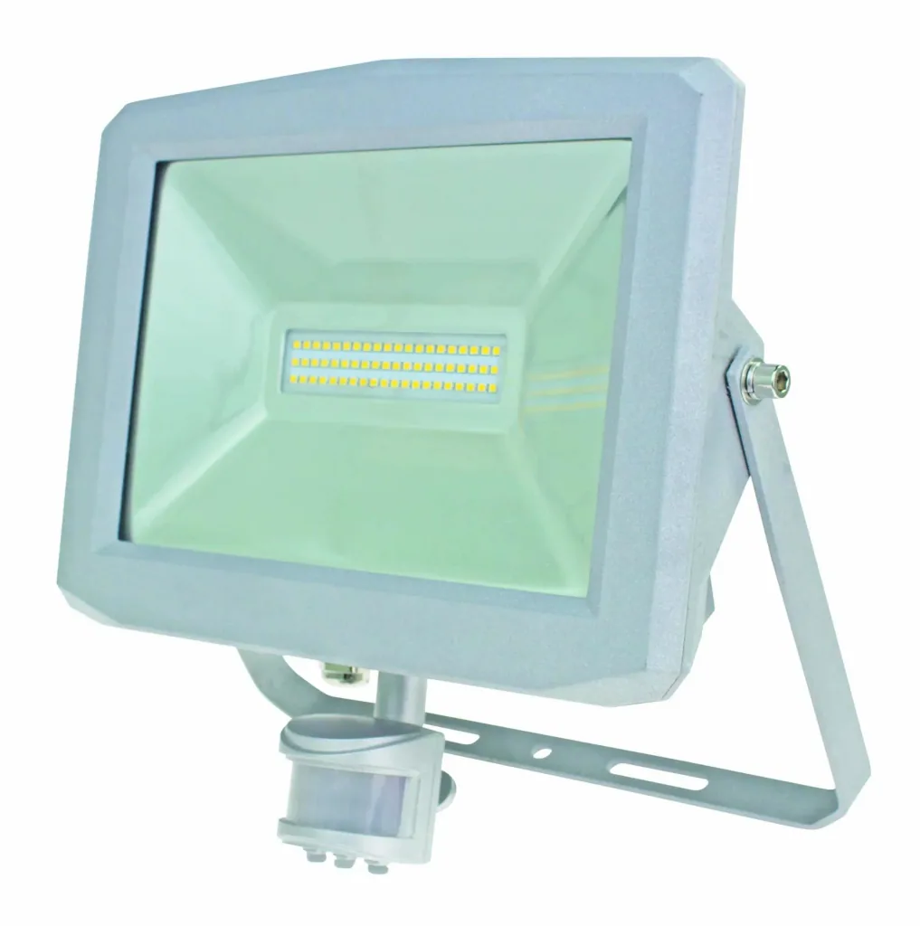 Slimline 50W LED spotlight, IP44, with motion detector and Samsung chip