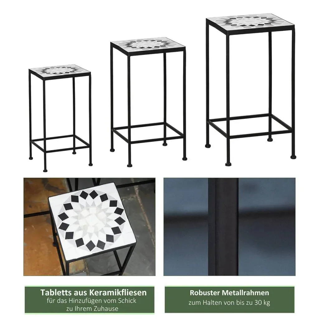 Flower stand set of 3 made of metal ceramic tiles stackable plant stool for flower pot black + white