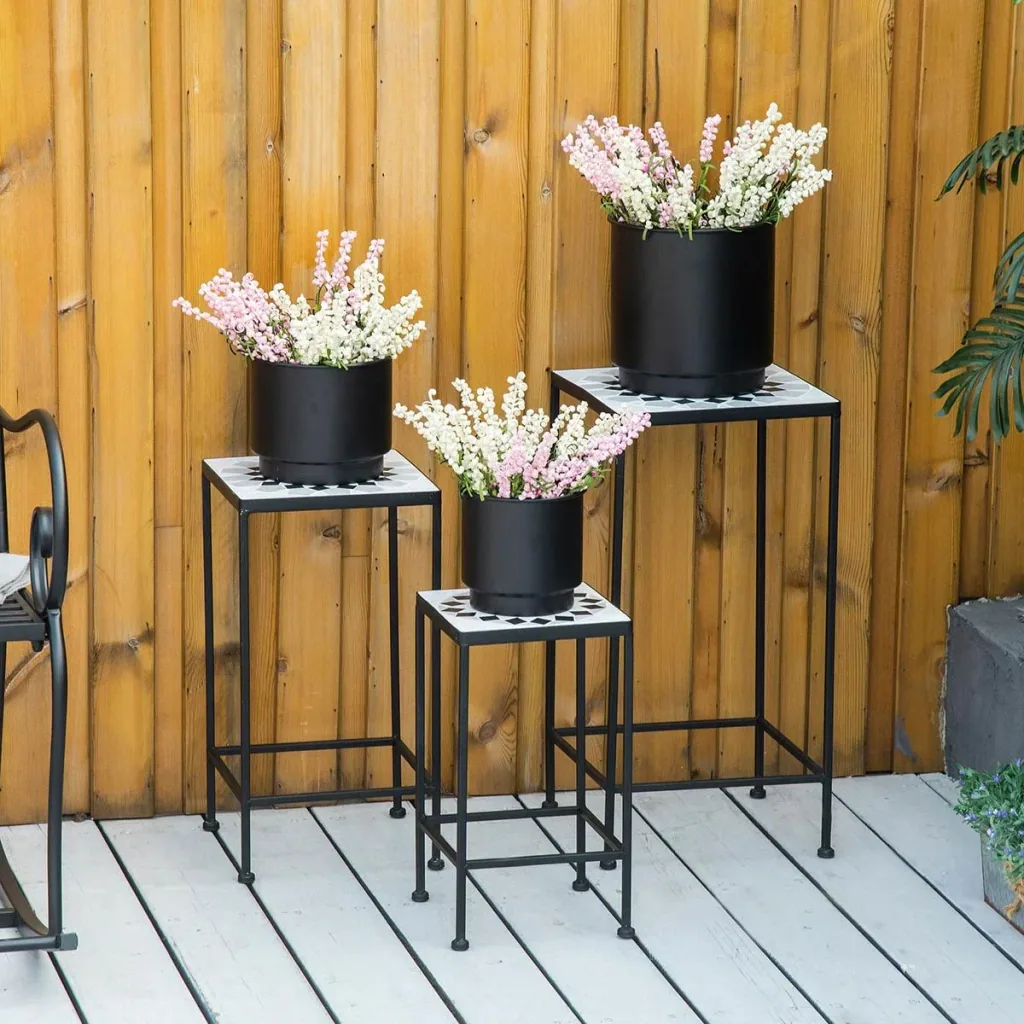 Flower stand set of 3 made of metal ceramic tiles stackable plant stool for flower pot black + white