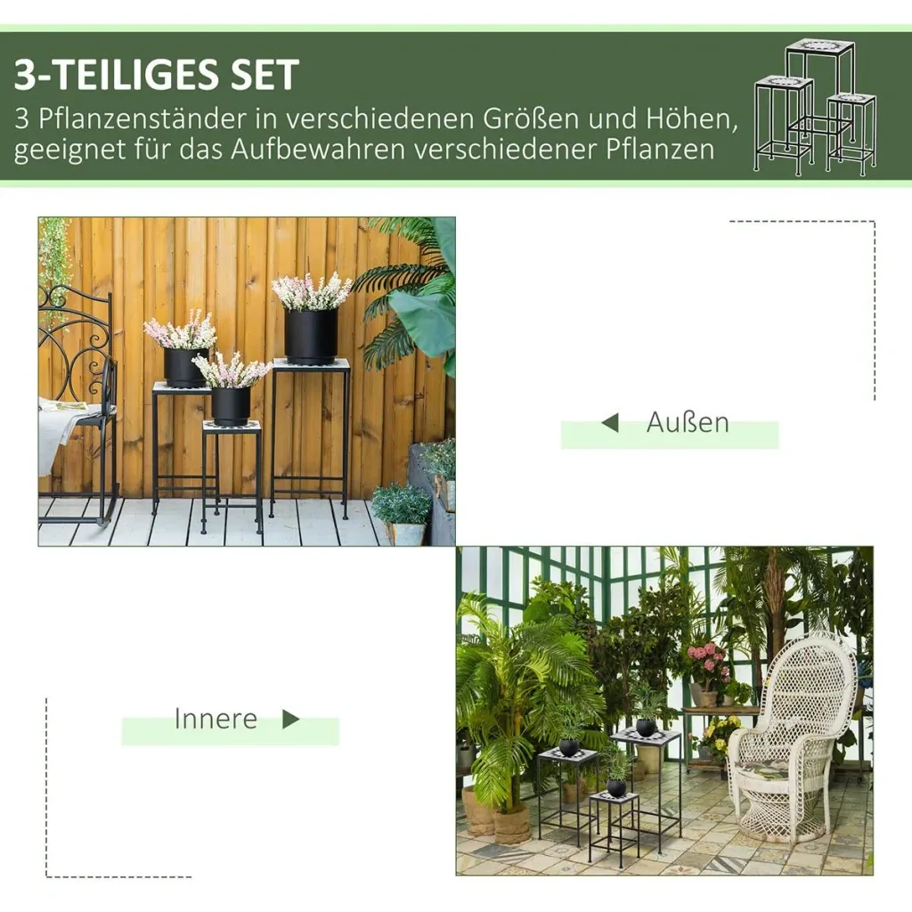 Flower stand set of 3 made of metal ceramic tiles stackable plant stool for flower pot black + white