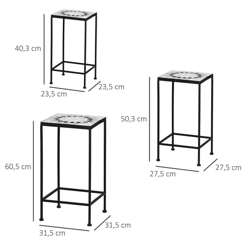 Flower stand set of 3 made of metal ceramic tiles stackable plant stool for flower pot black + white