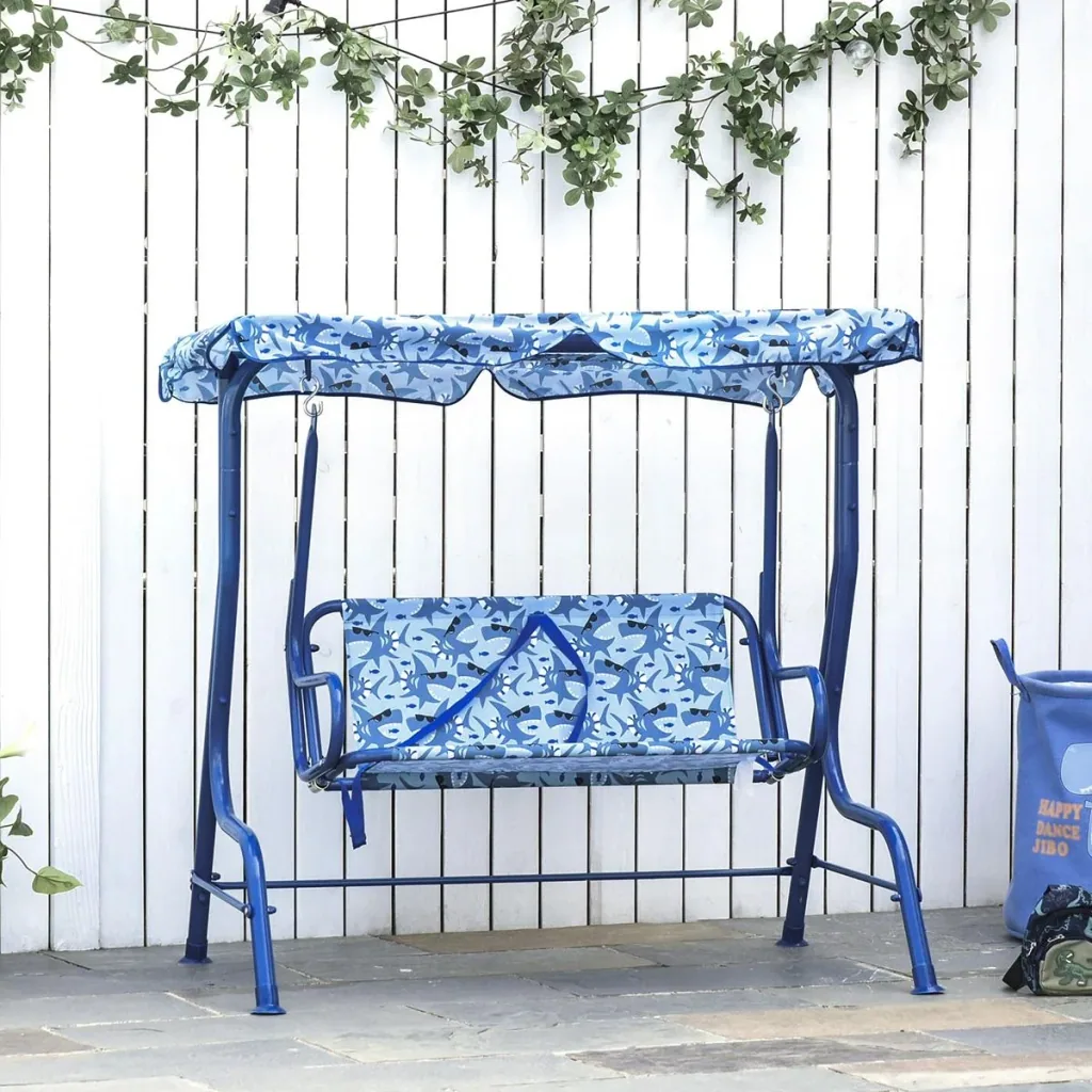 Children's Hollywood swing Children's swing with sunroof 2-seater garden swing for 3-6 years Metal Blue 110L x 70W x 11