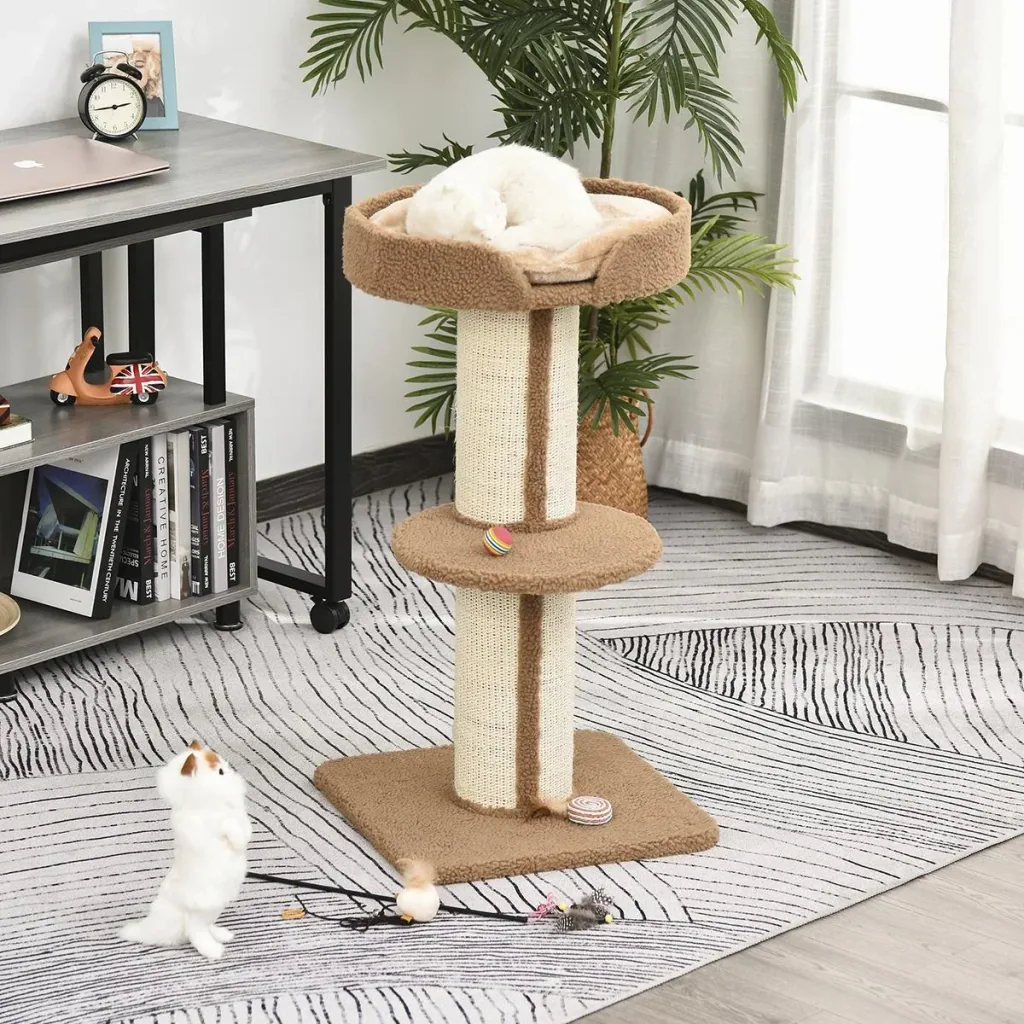 Cat tree play tree scratching post with platform sisal E1 chipboard plush light brown 45 x 45 x 91 cm