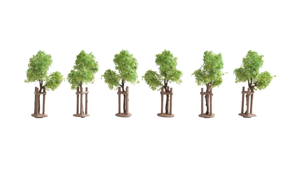 Young trees with tree supports, 6 pieces, 4 cm high