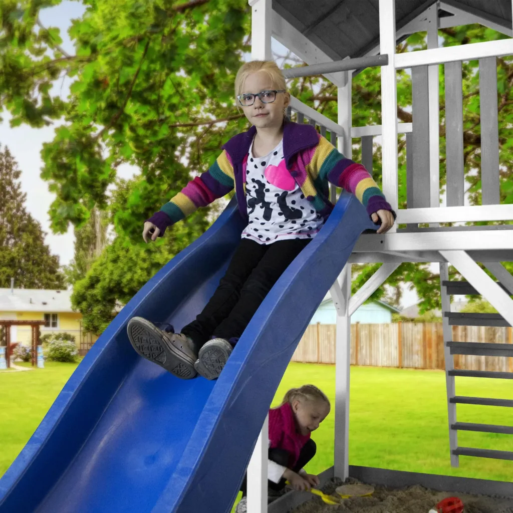 Beach Tower play tower with climbing frame and Roxy nest swing - blue slide