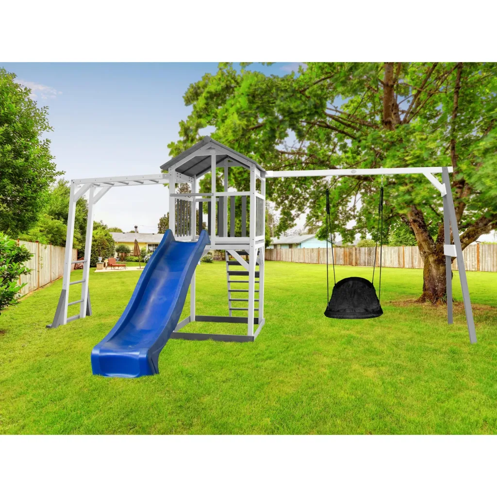 Beach Tower play tower with climbing frame and Roxy nest swing - blue slide