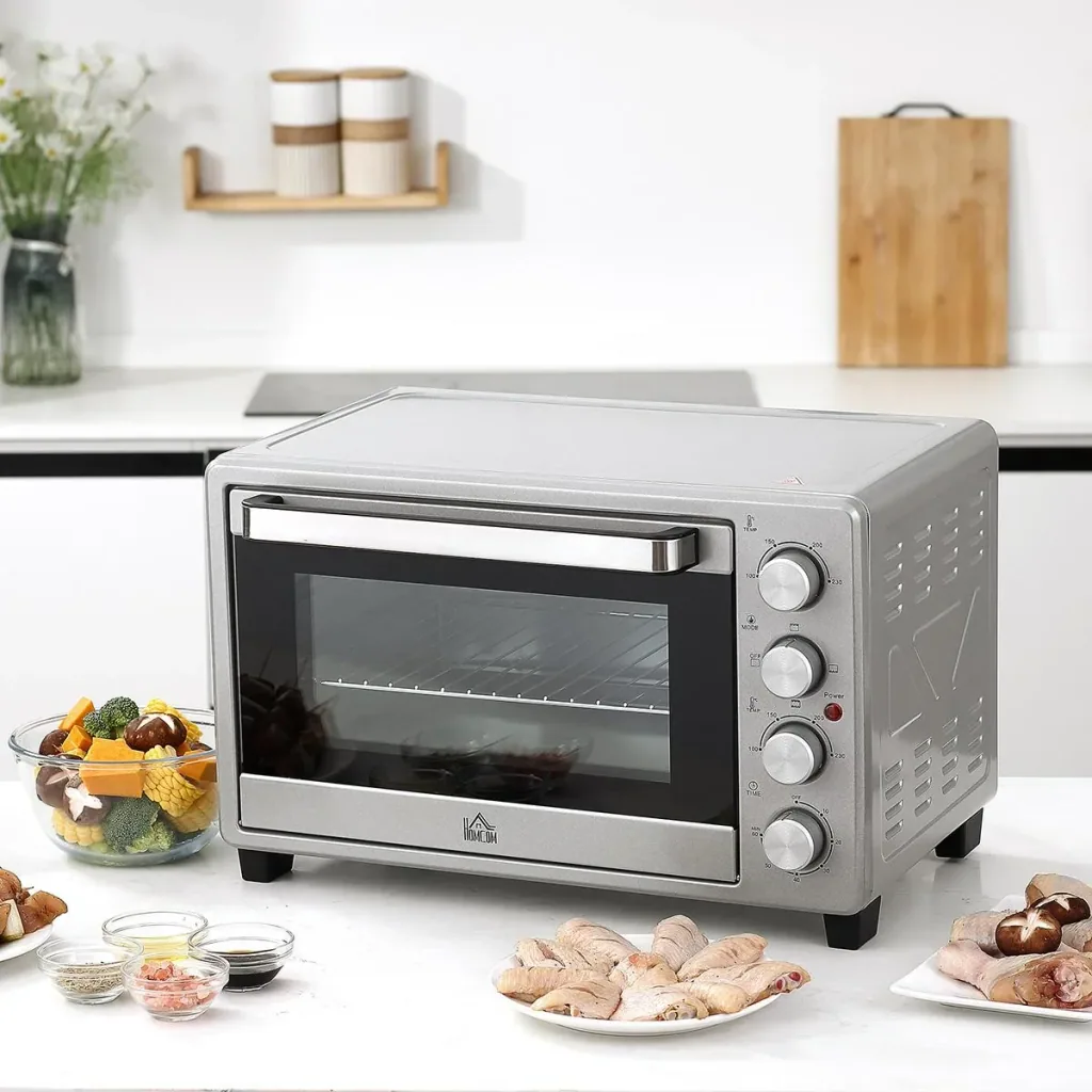 Mini oven 32L with hotplates Electric mini oven Rotisserie base with slag collecting tray Metal Stainless steel Glass
