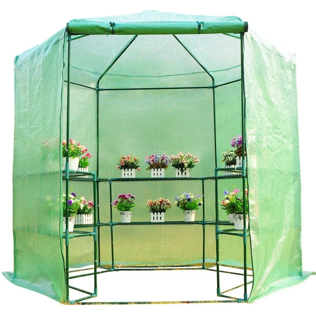 Plant house greenhouse with hexagonal shelves