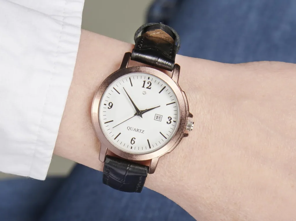 Watch set for him and her - bronze-colored with genuine leather strap and date display
