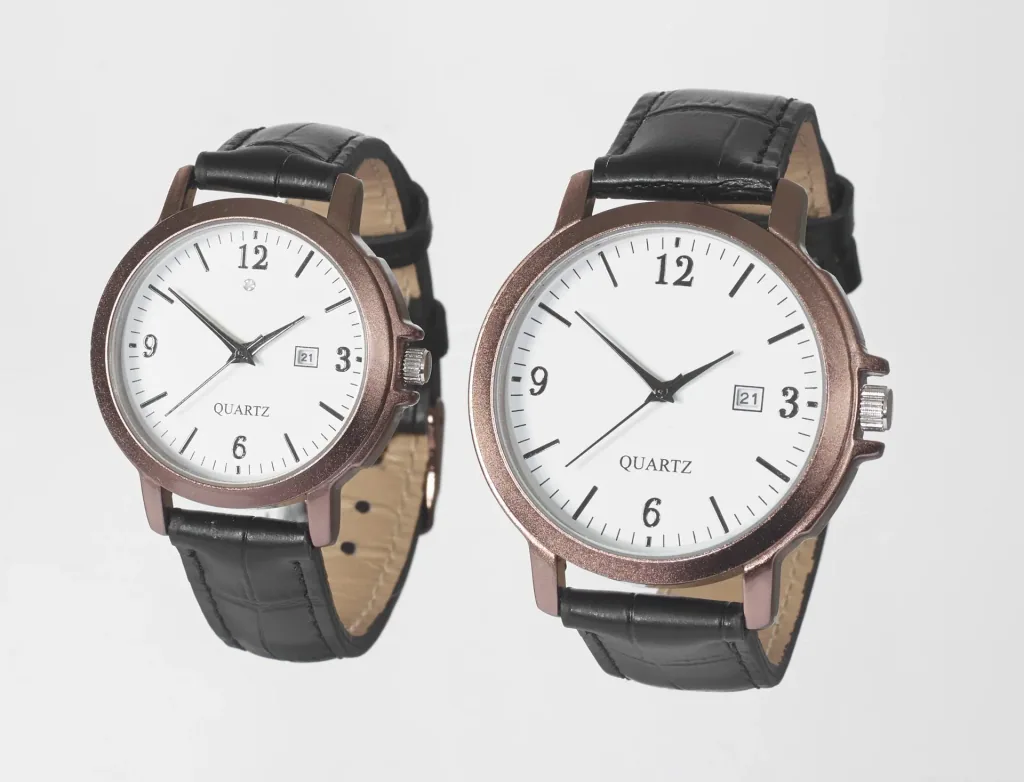 Watch set for him and her - bronze-colored with genuine leather strap and date display