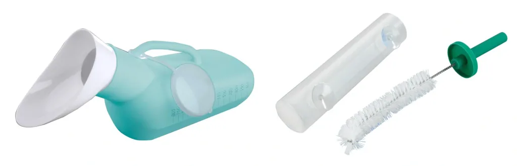 Urinal bottle included. 3-piece cleaning kit.