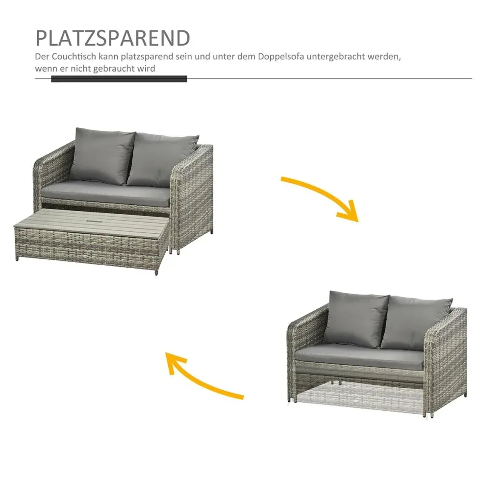 Polyrattan seating set 4 pcs. seating group garden set double sofa with stool table sofa set garden furniture set lounge gray