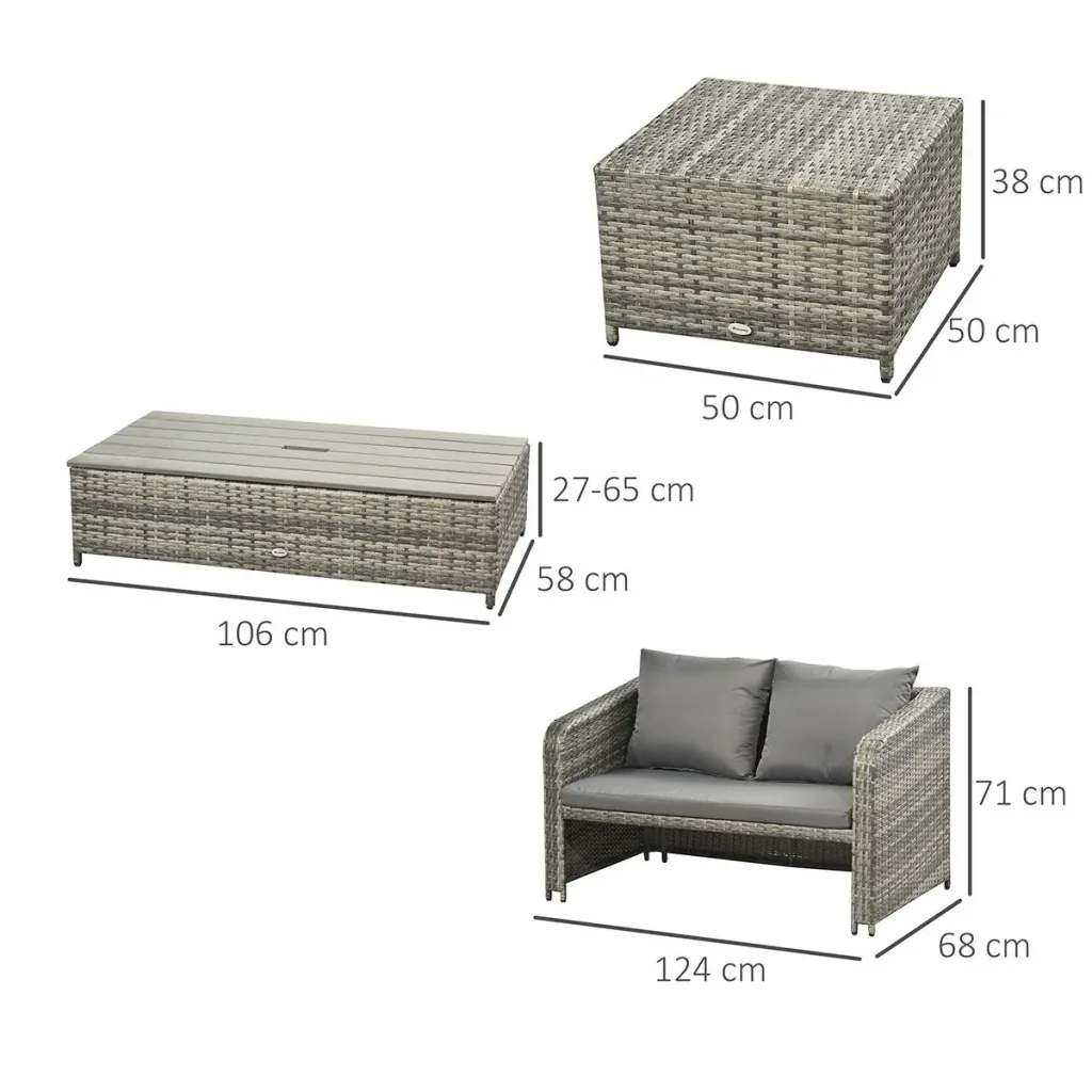 Polyrattan seating set 4 pcs. seating group garden set double sofa with stool table sofa set garden furniture set lounge gray