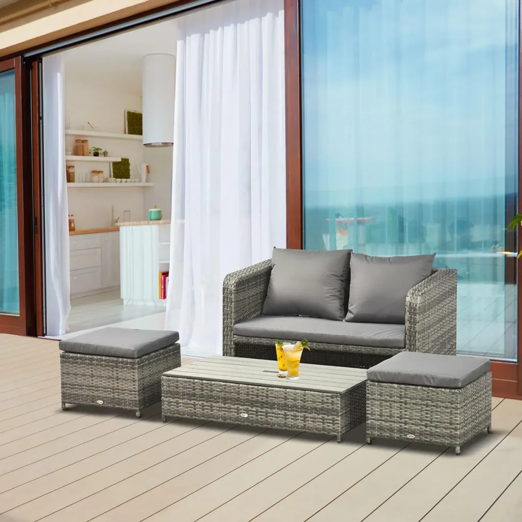 Polyrattan seating set 4 pcs. seating group garden set double sofa with stool table sofa set garden furniture set lounge gray