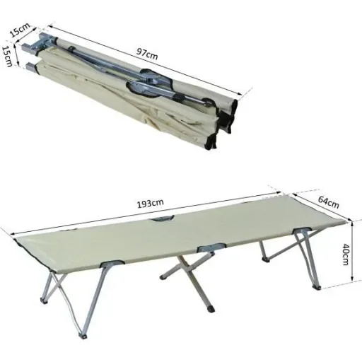 Camp bed, camping bed, lounger, folding bed with bag, beige