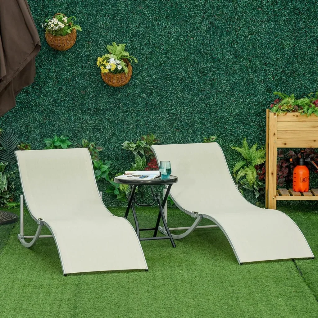 Set of 2 sun loungers, garden loungers, fabric lounger, ergonomic aluminum texteline beige 165 x 61 x 63 cm