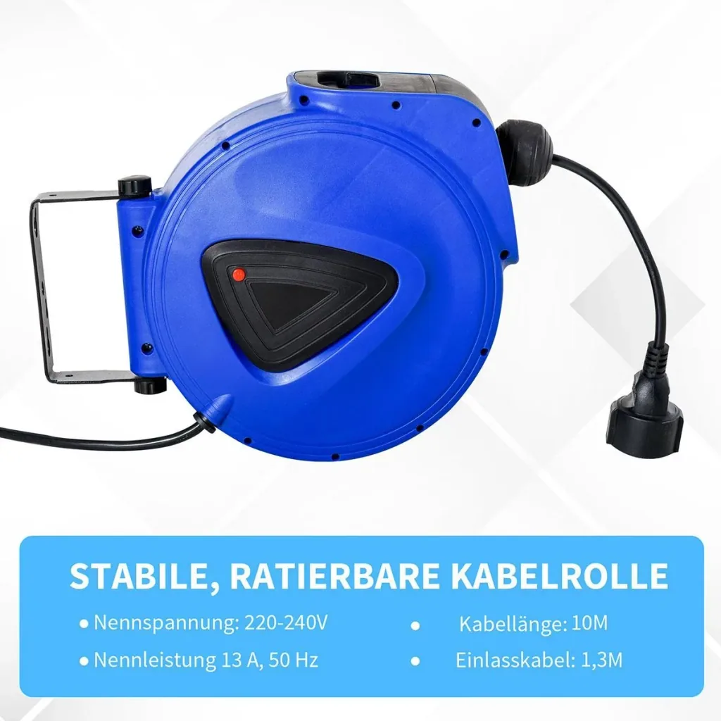 Cable drum 10 m + 1.3 m cable automatic cable reel outdoor reel power cable rotatable wall bracket, PP, rubber, Me