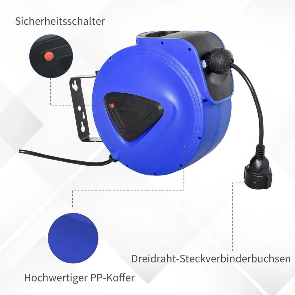 Cable drum 10 m + 1.3 m cable automatic cable reel outdoor reel power cable rotatable wall bracket, PP, rubber, Me
