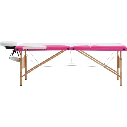 Folding massage table with 3 zones wood white and pink