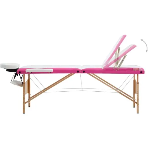 Folding massage table with 3 zones wood white and pink