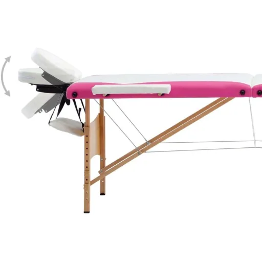 Folding massage table with 3 zones wood white and pink