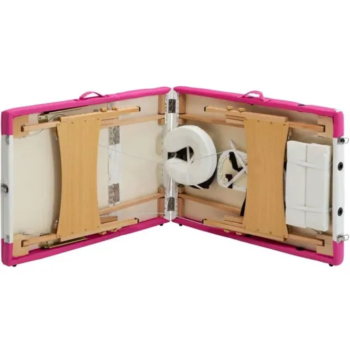 Folding massage table with 3 zones wood white and pink