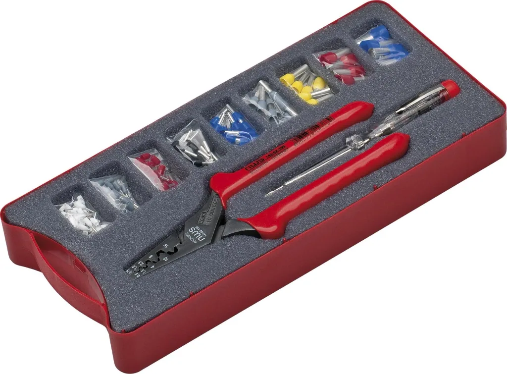 Insulated wire end ferrules assortment with pliers and screwdriver
