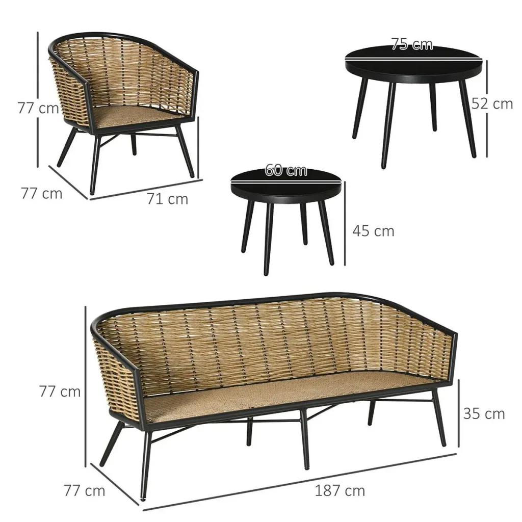 Five-piece rattan-look sofa set with two side tables, grey+natural+black