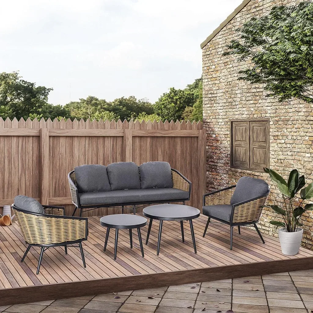 Five-piece rattan-look sofa set with two side tables, grey+natural+black