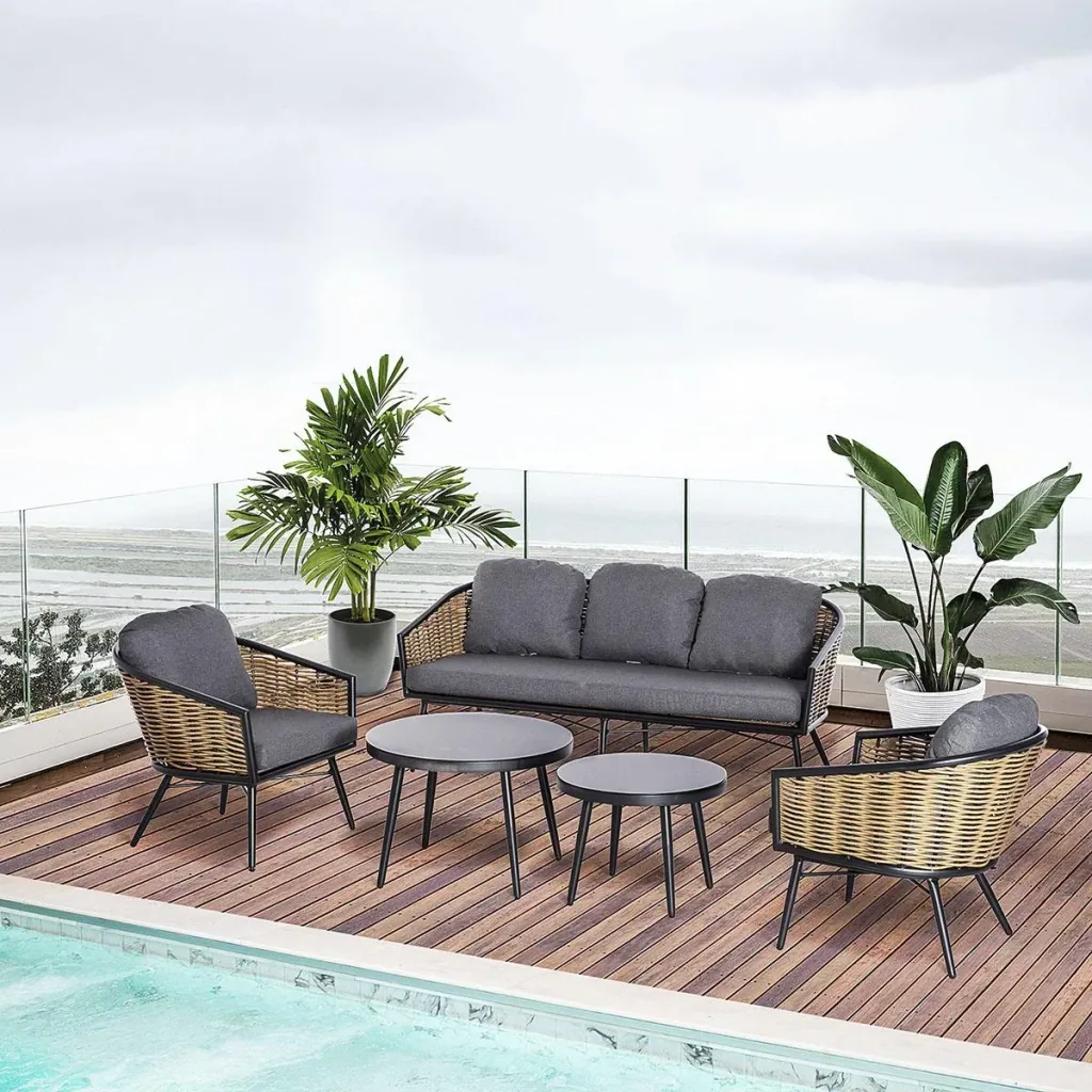 Five-piece rattan-look sofa set with two side tables, grey+natural+black