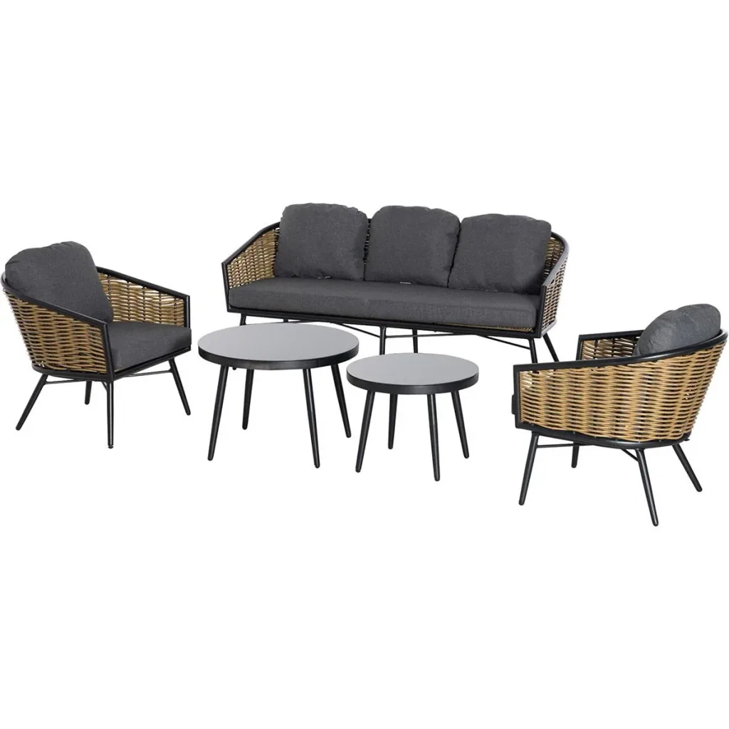 Five-piece rattan-look sofa set with two side tables, grey+natural+black