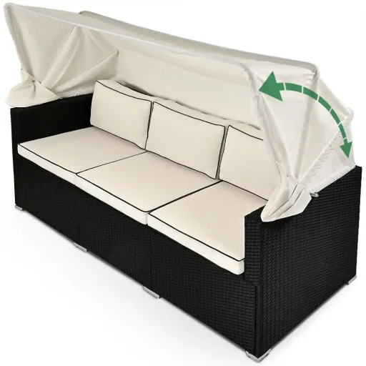 Polyrattan Sofa - Black-Cream - 210x70x70cm - With Sunroof