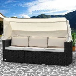 Polyrattan Sofa - Black-Cream - 210x70x70cm - With Sunroof