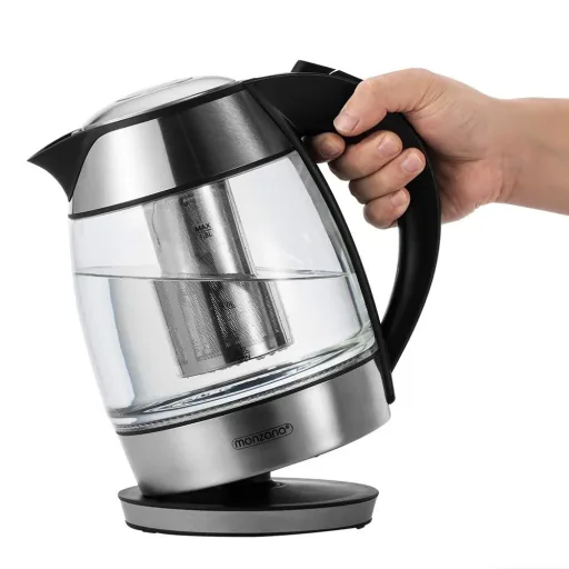 Kettle silver/black glass 1.8L including tea strainer