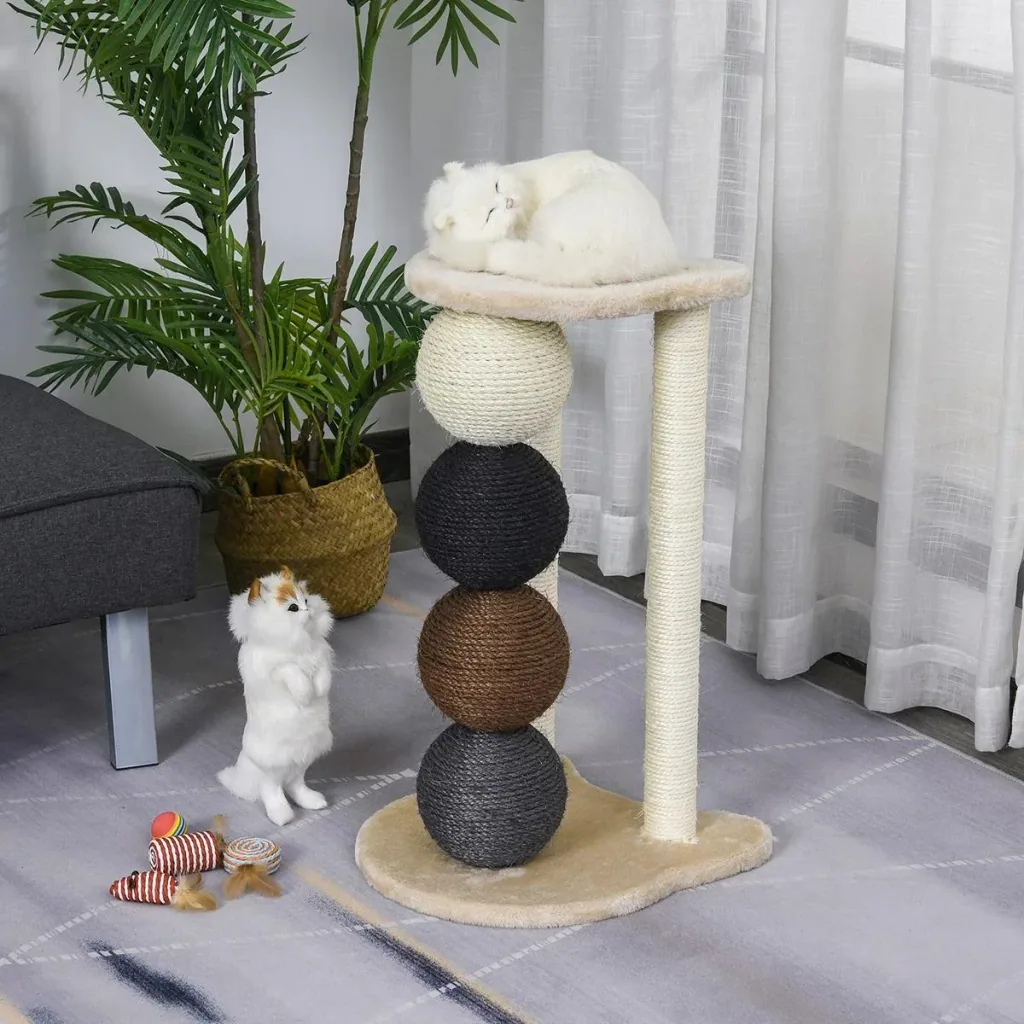 Cat tree with platform, cat tree with 2 sisal posts and 4 sisal balls, E1 chipboard 38 x 38 x 64 cm