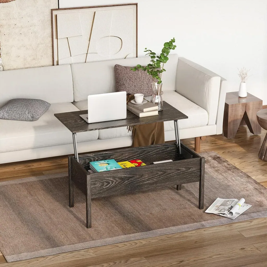 Coffee table with height-adjustable top with storage, liftable table top, brown, 98 x 48 x 45 cm
